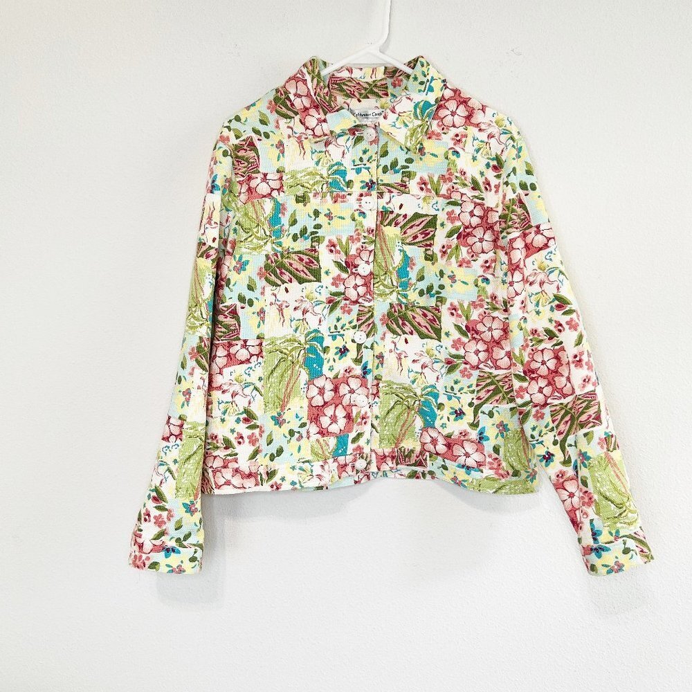 Coldwater Creek Blazer Womens Size L Green Pink Floral Cotton Lined Jacket